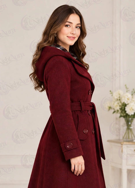 Maroon Women's Lace Trim Trench Coat Style Jacket