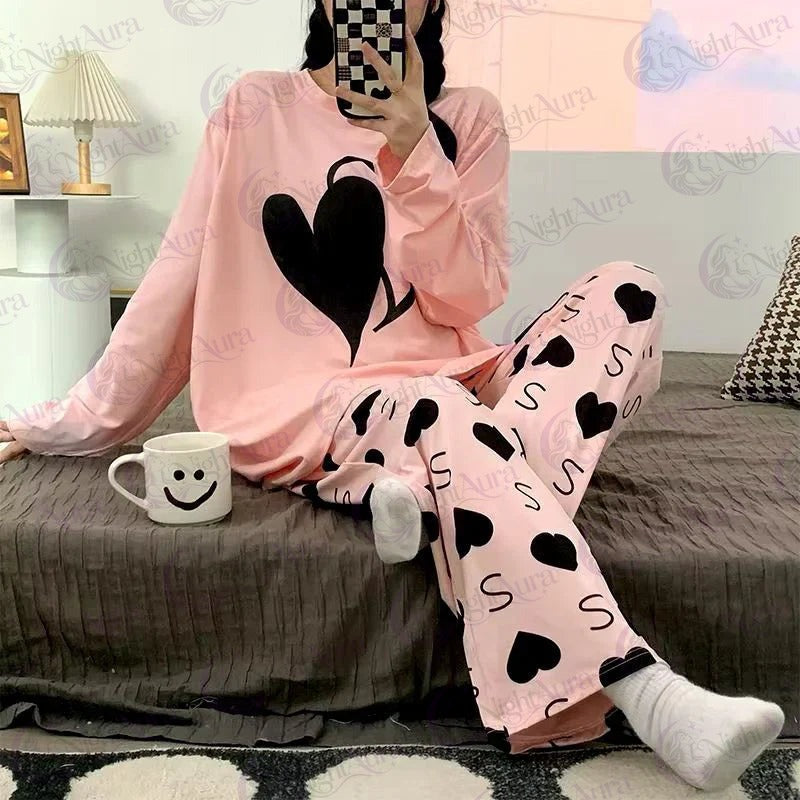 PINK BIG HEARTS PRINTED PJ SUIT FULL SLEEVES