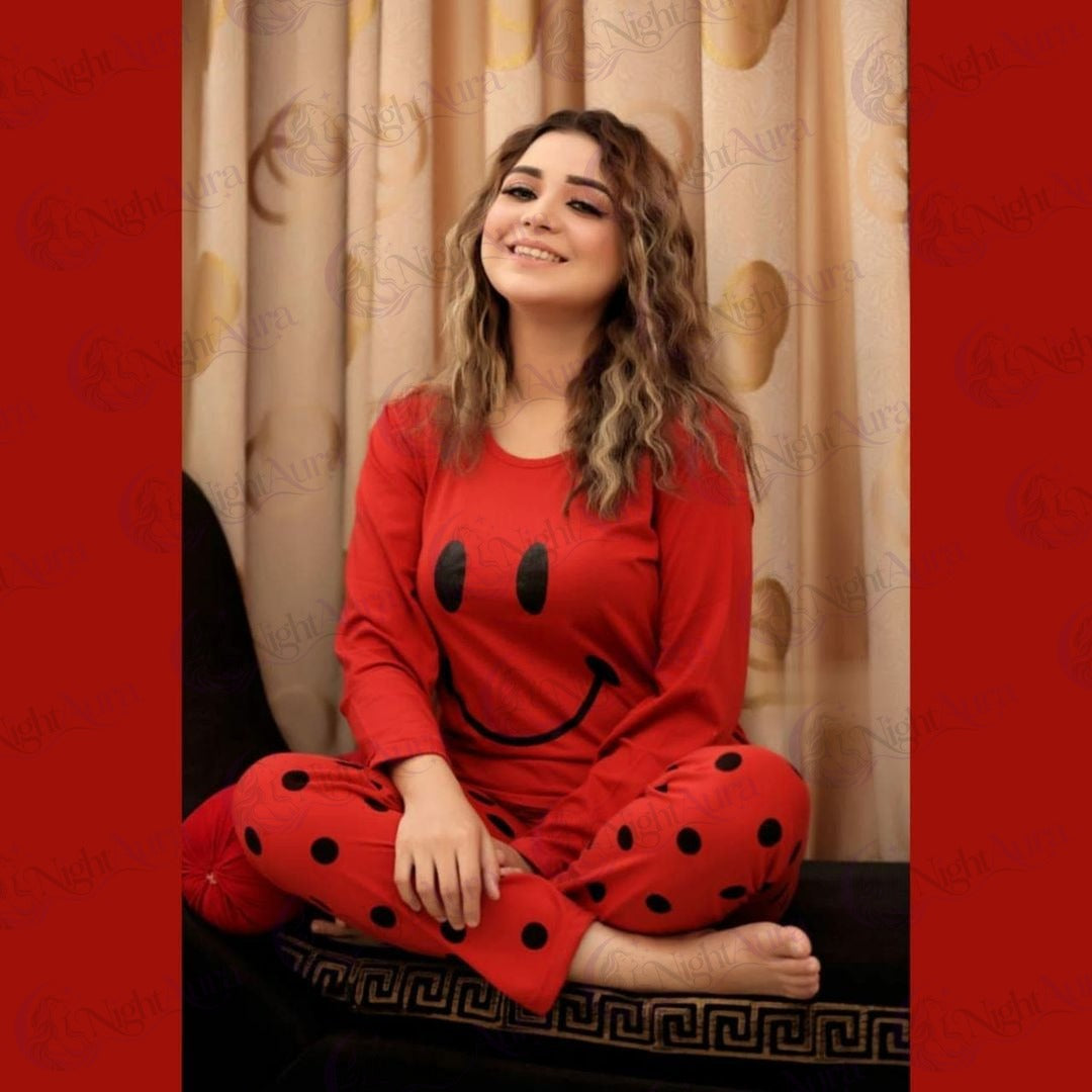 Red Smiley Full Sleeves Printed Pajama Night Suit