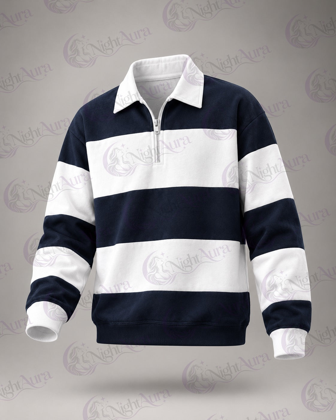 Navy and White Quarter-Zip Rugby Sweatshirt