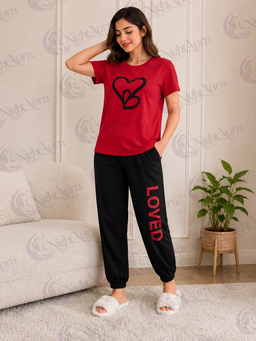 Red Loved Heart Print Night Suit