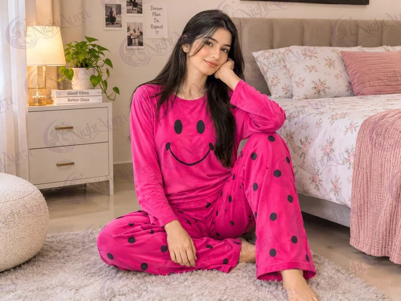 Pink Smiley Print Night Suit