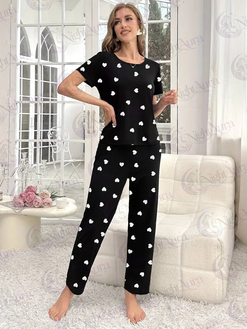 Black White Small Hearts Printed Night Suit