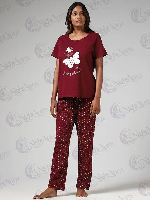 Maroon Butterfly Printed Night Suit
