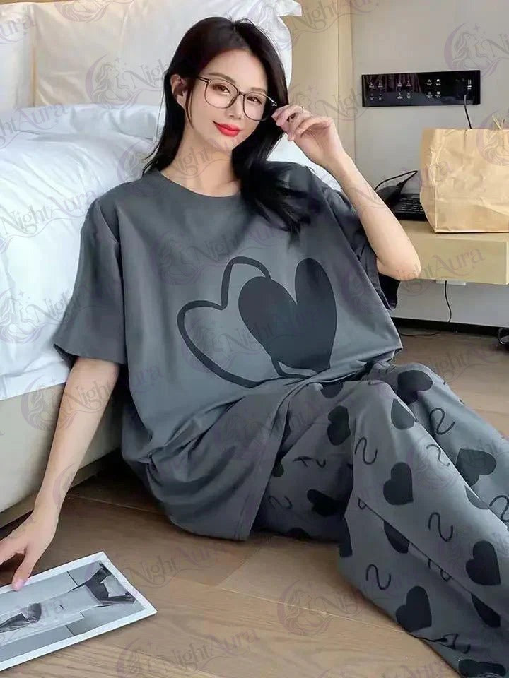SR-DOUBLE HEARTS PRINTED NIGHT SUIT - GREY