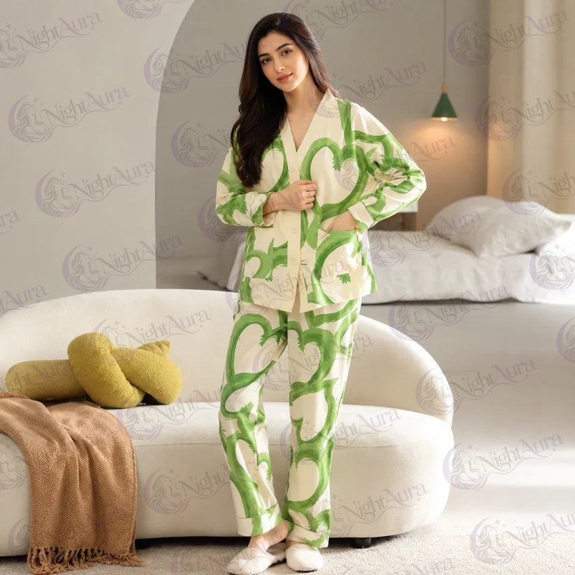 Green Hearts V-Neck Button Printed Night Suit