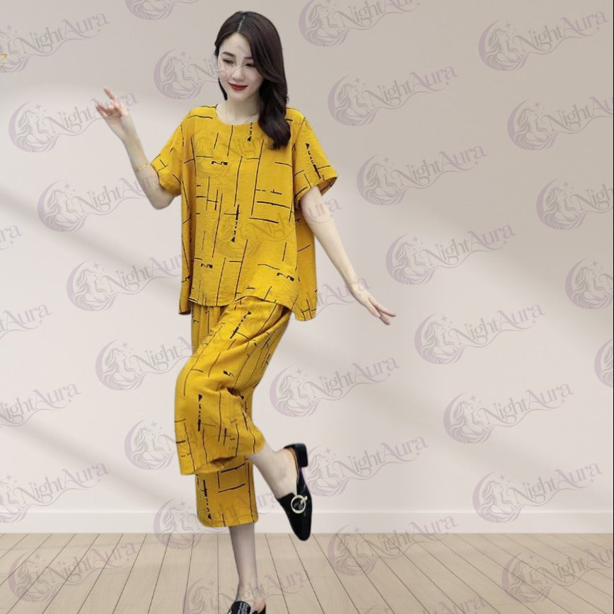 Yellow Printed Capri Night Suit