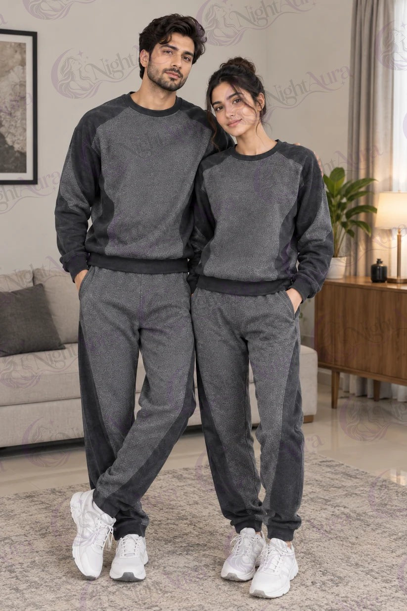 Grey Black Panel Couple Tracksuit