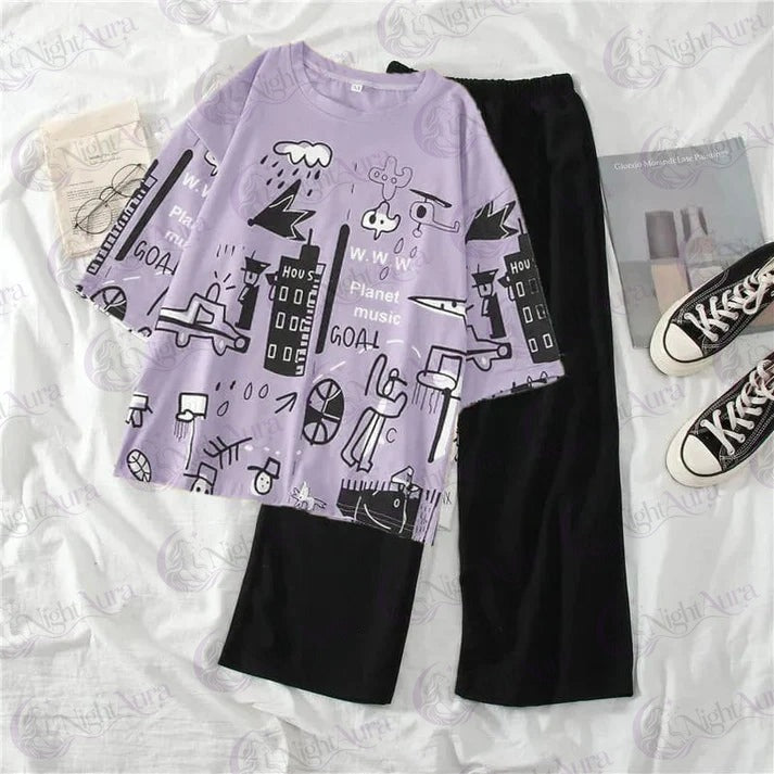Purple Planet Printed Night Suit
