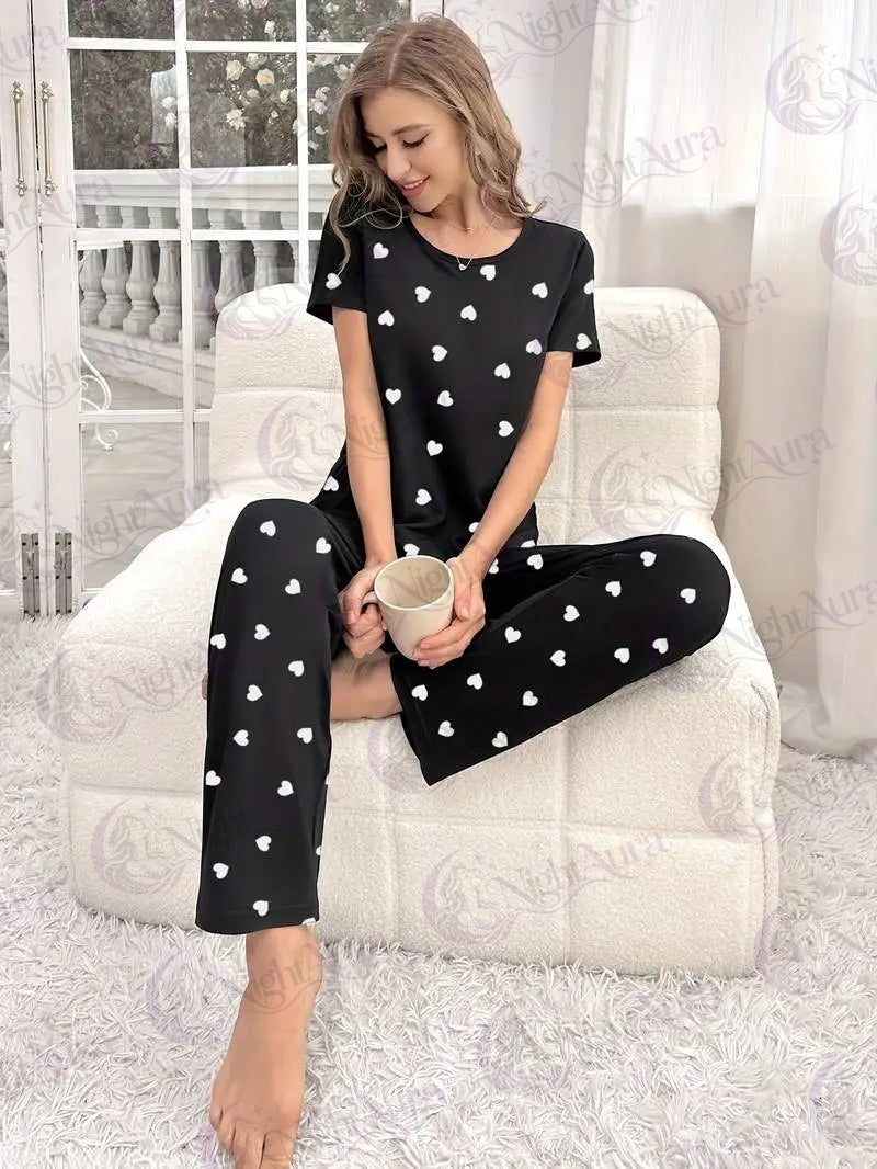 Black White Small Hearts Printed Night Suit