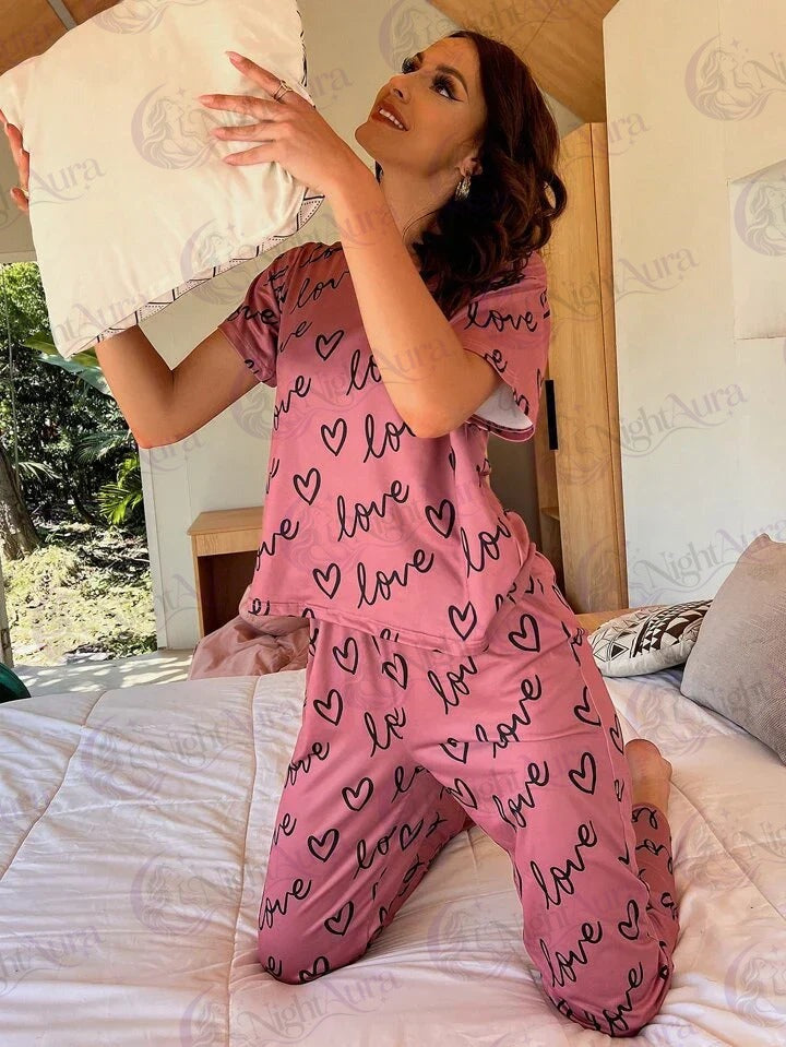 T-pink love heart printed night suit